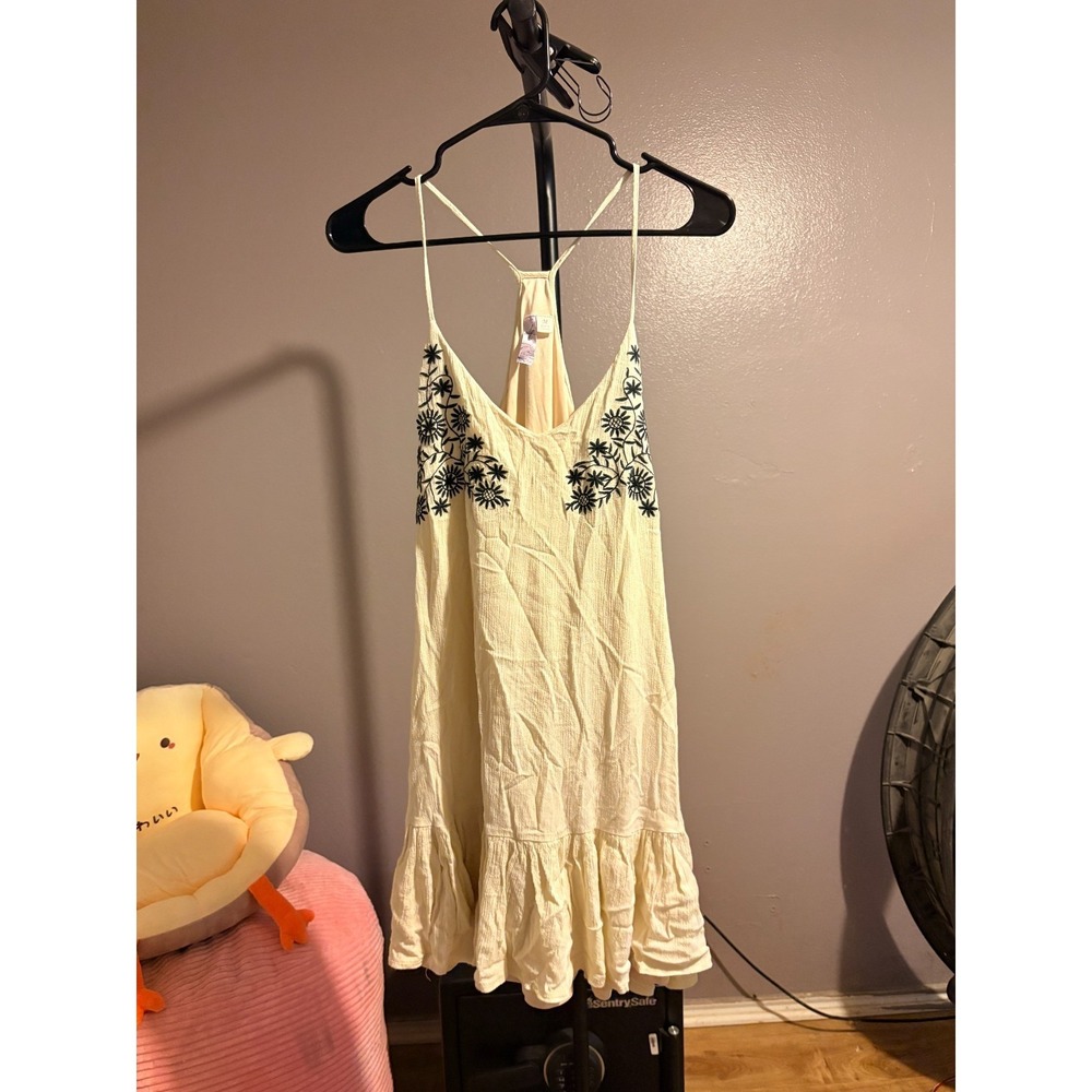 Alya Ivory Dress with Blk Embroidery Flowers, Spaghetti Straps, Sz M